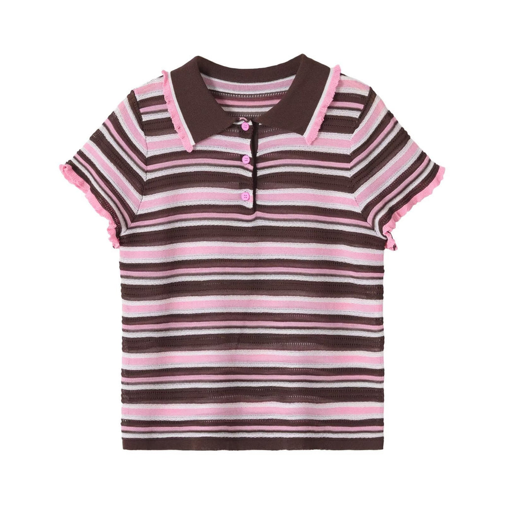 Polo Cropped Mujer Rayas Rosa y Negro - Cuello Contrast | ROUSSE BLACK
