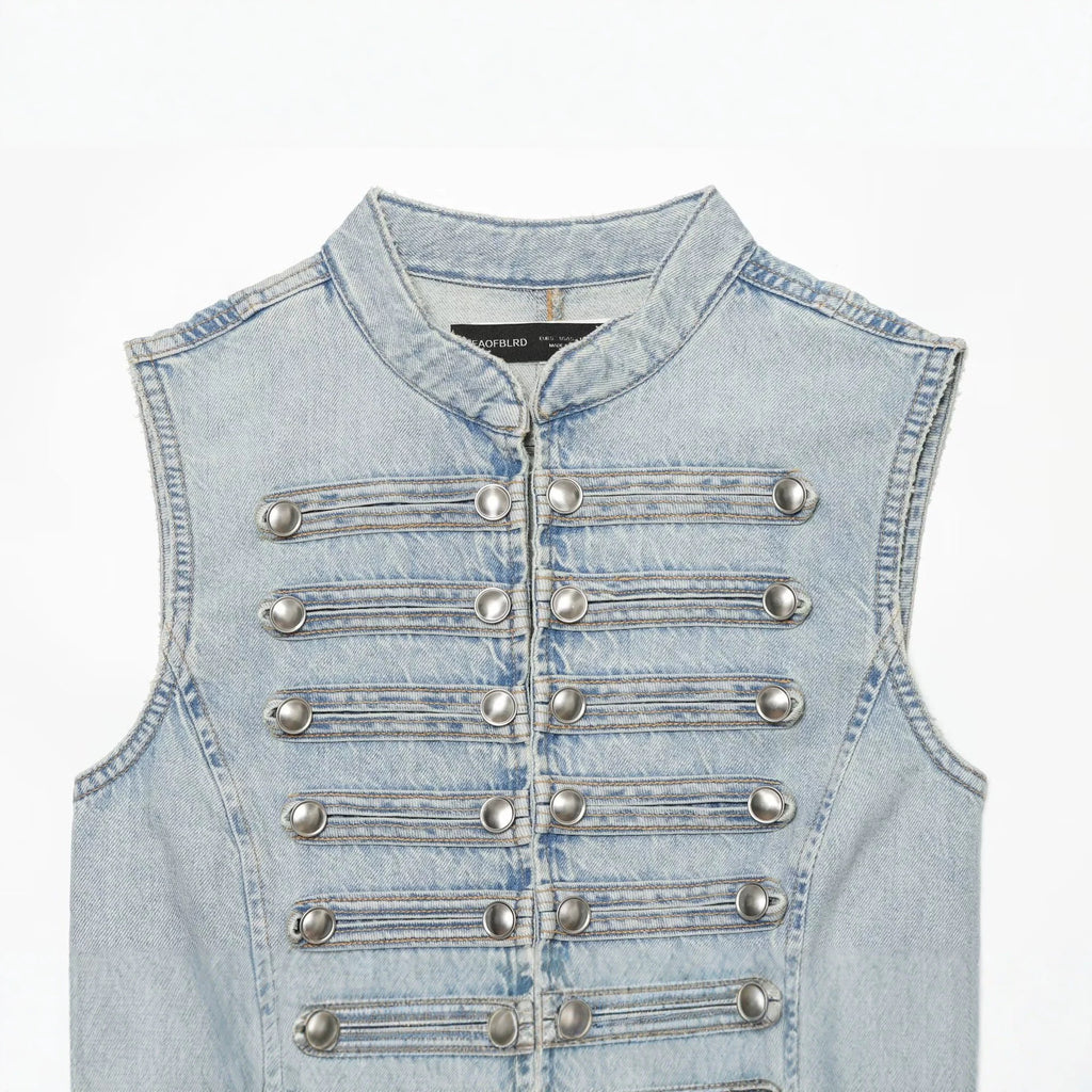 Chaleco Vaquero Mujer Denim con Botones - Cuello Alto | ROUSSE BLACK