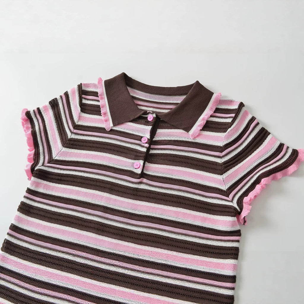 Polo Cropped Mujer Rayas Rosa y Negro - Cuello Contrast | ROUSSE BLACK